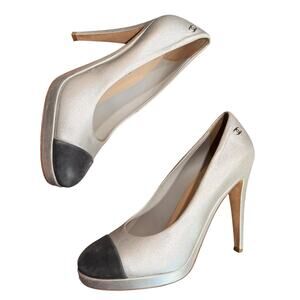 Chanel Metallic Silver & Black Leather Cap Toe Pumps - Size 38